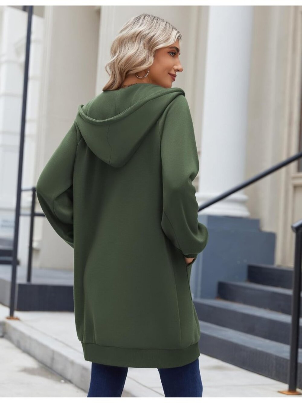 Women's Army Green Long Zip Up Fleece Hoodie Tunic Sweatshirt Pocket Jacket - Picture 4 of 6